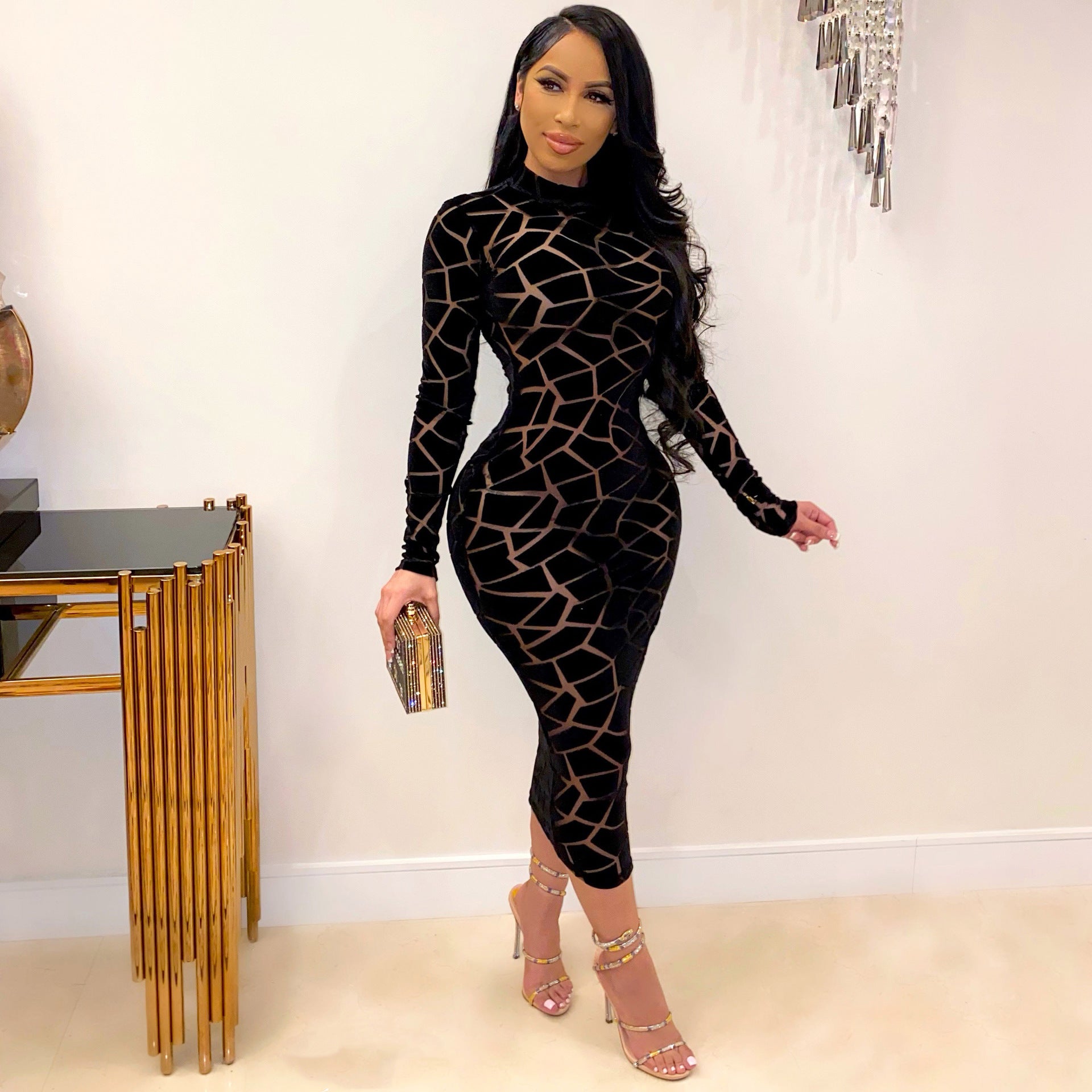 Women Long Sleeve Dress Sheer - Fashion Summer