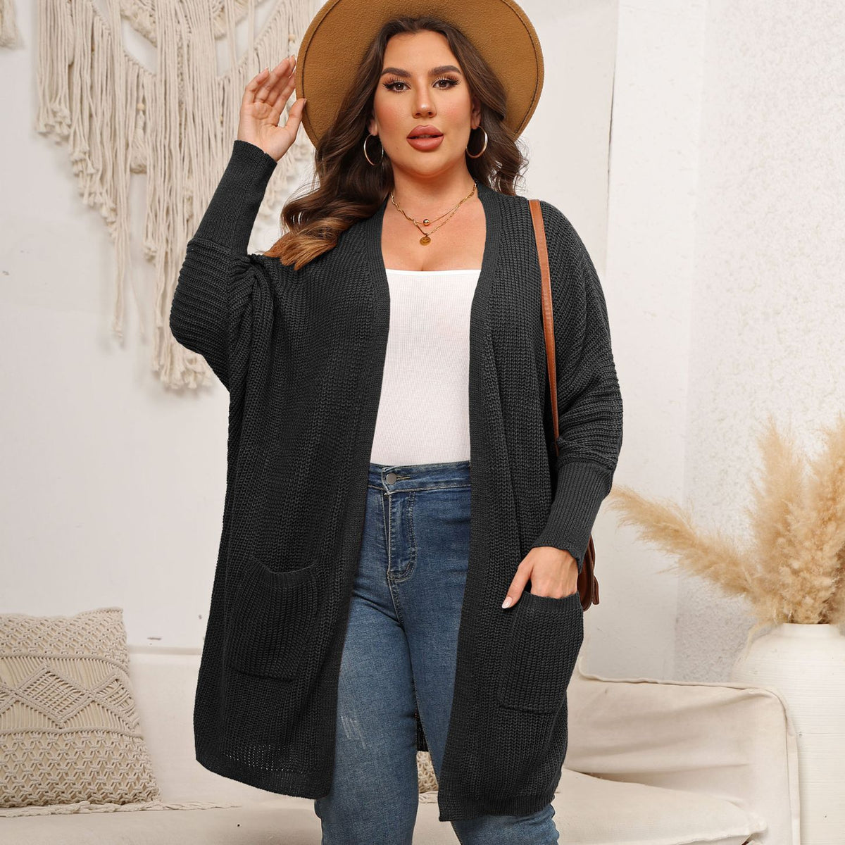 Women's Oversized Knit Cardigan – Open Front with Large Pockets - Wrapit Store