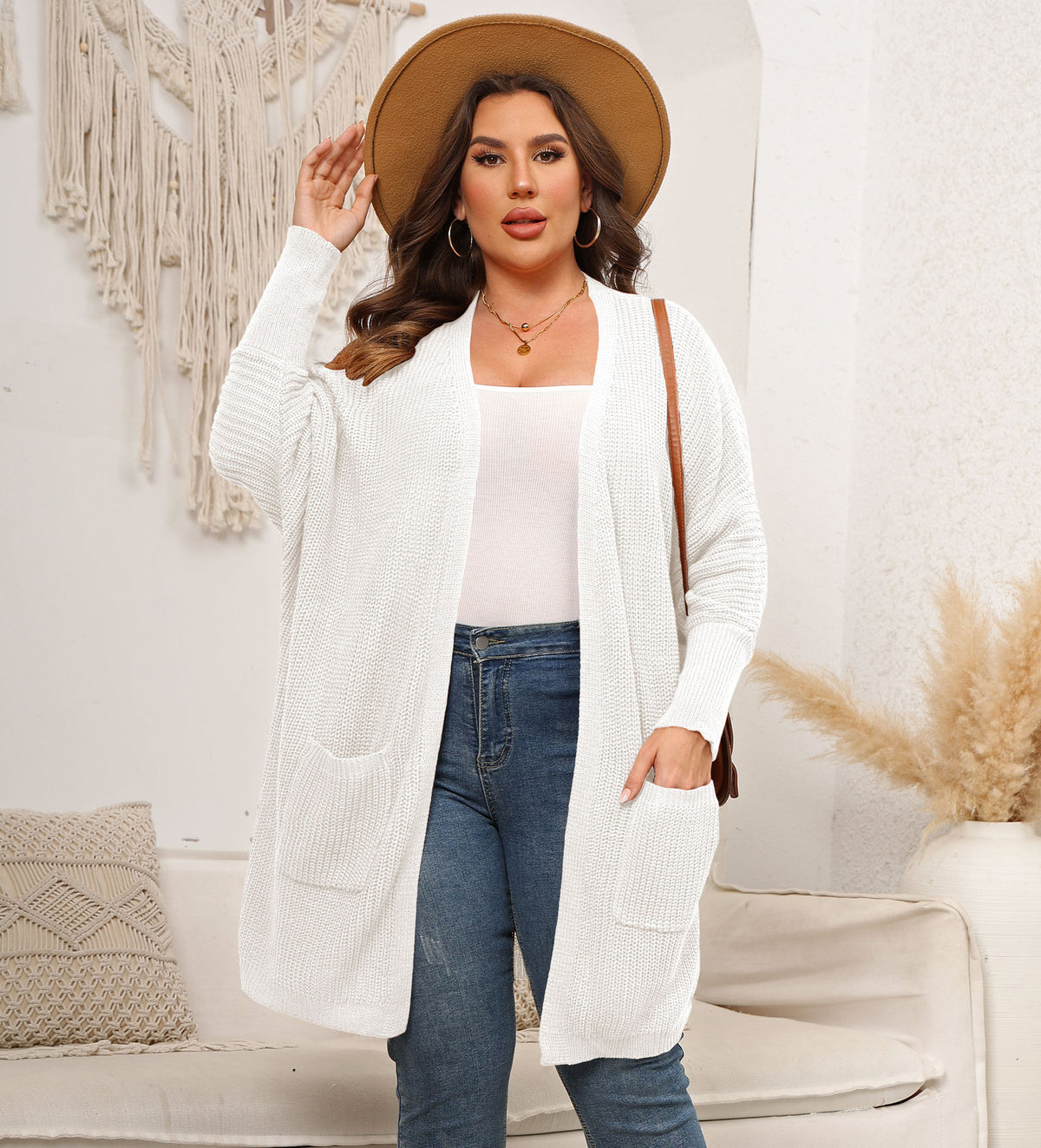 Women's Oversized Knit Cardigan – Open Front with Large Pockets - Wrapit Store