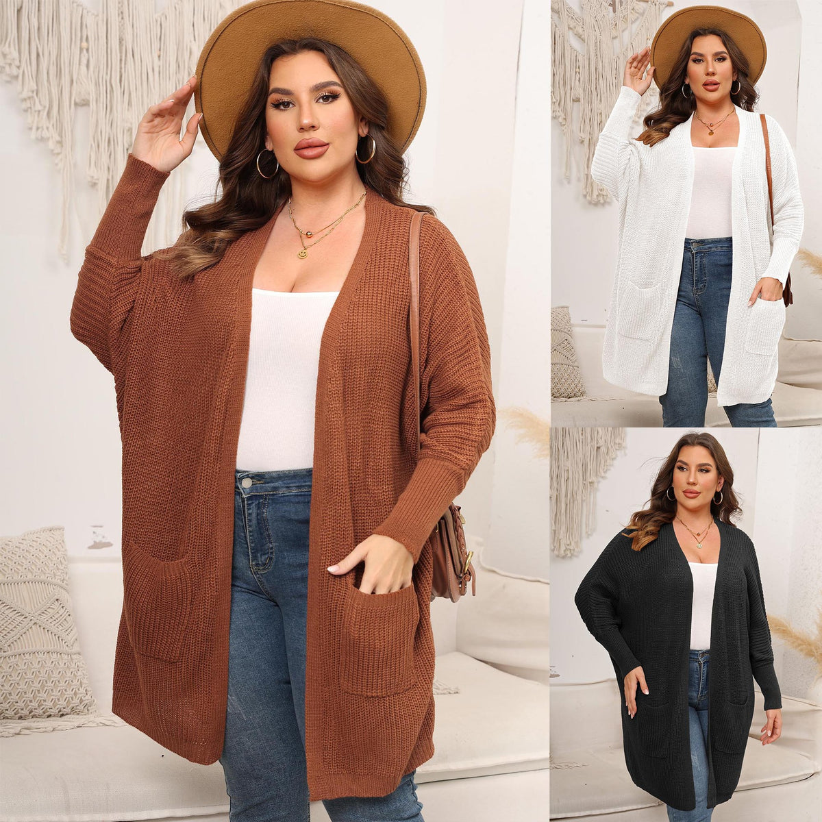 Women's Oversized Knit Cardigan – Open Front with Large Pockets - Wrapit Store