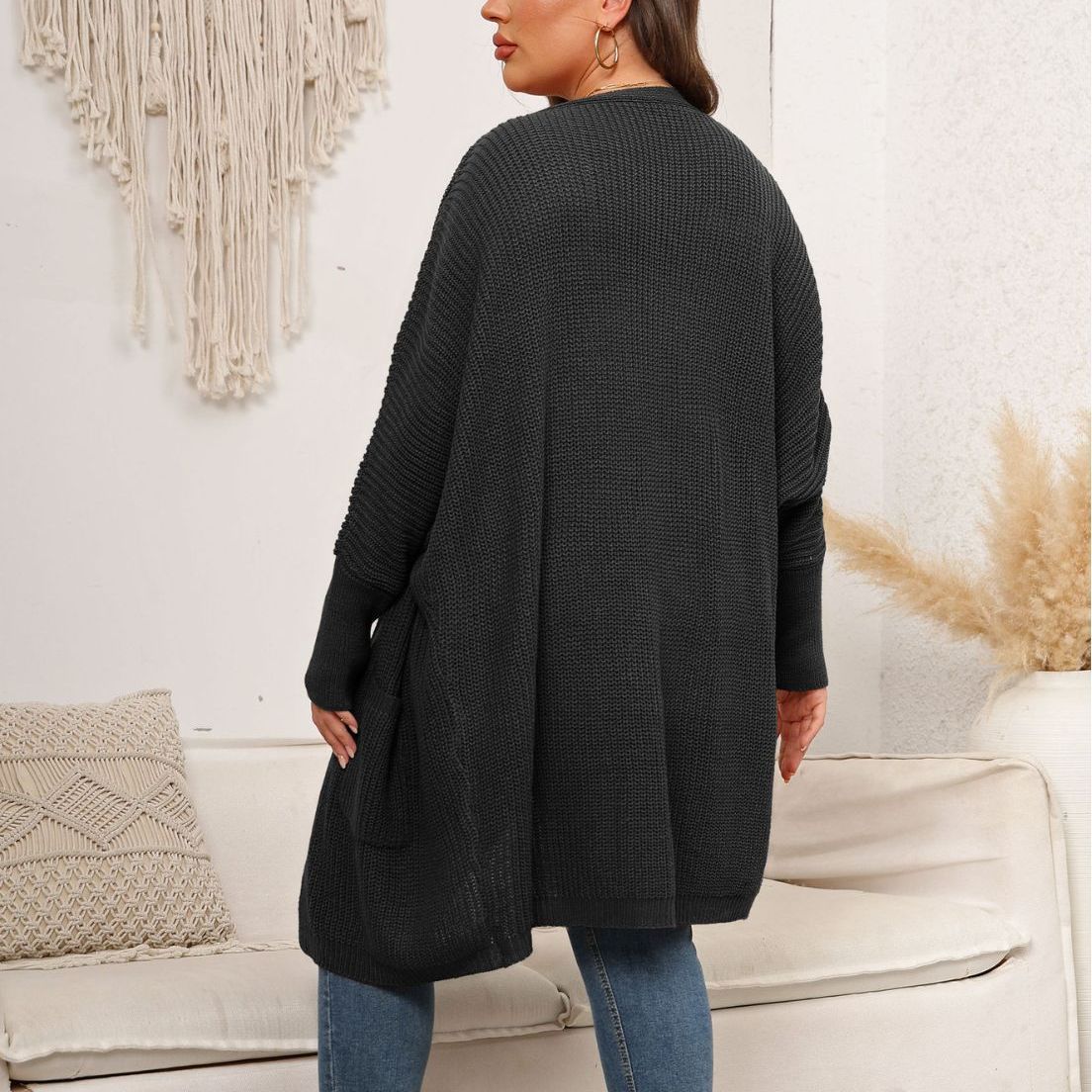 Women's Oversized Knit Cardigan – Open Front with Large Pockets - Wrapit Store