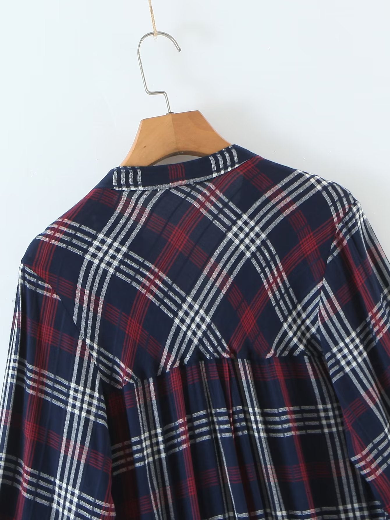 blue plaid long sleeve dress				